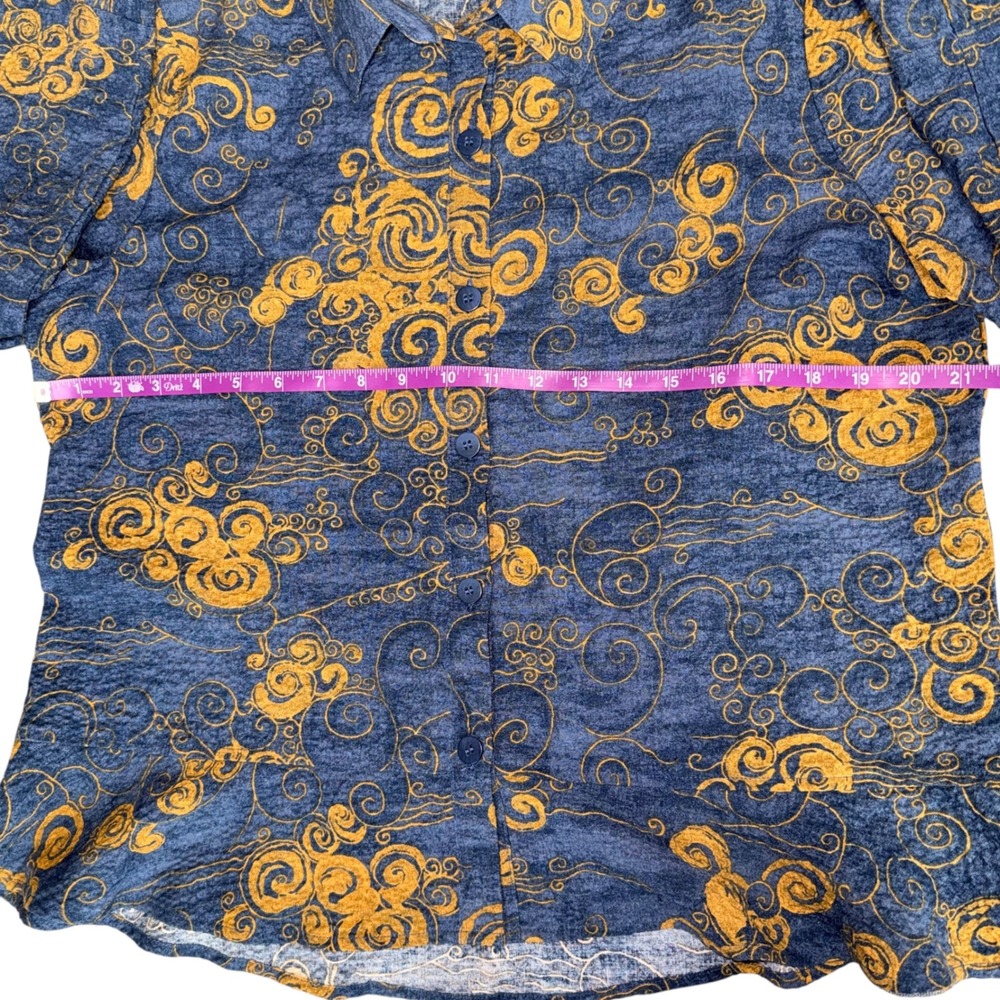 Habitat Woodblock Flounce Shirt Blue Swirl Print Button Down L Lagenlook Artsy - Picture 7 of 9